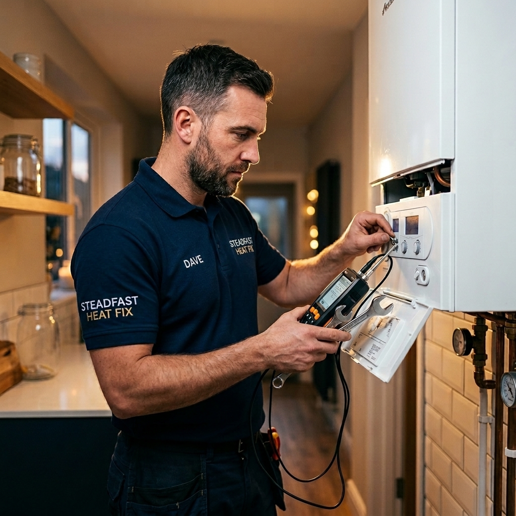 Gas Safe heating engineer servicing residential boiler in London home