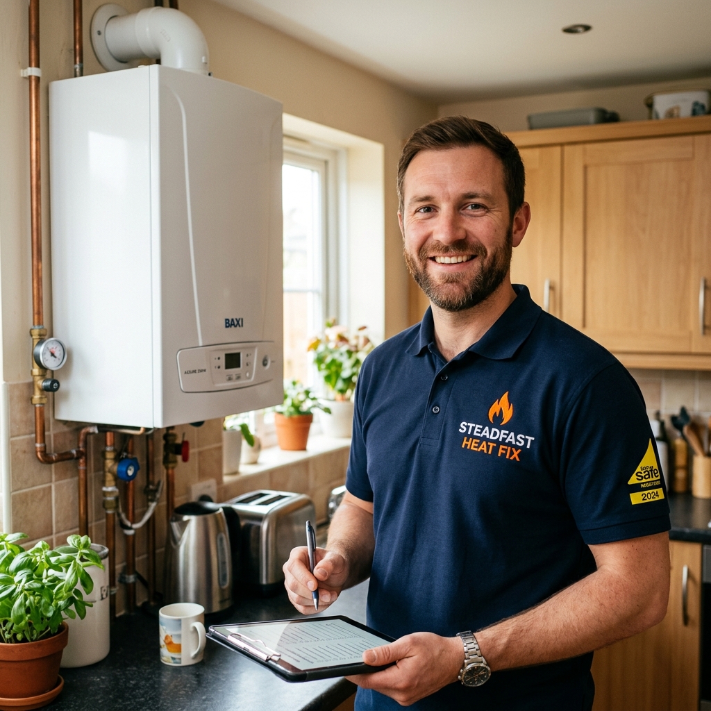 Professional Gas Safe heating engineer working on residential boiler in London